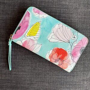 Indigo Floral Zip-Around Wallet Pastel Faux Leather Wristlet